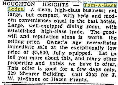 Tam-A-Rac Lodge (Tam-A-Rac Lounge, Tam-A-Rack) - Apr 05 1938 Ad (newer photo)